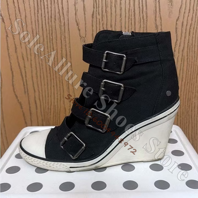 Wedge Heeled Sneaker - Grey Multi Buckle High Top Wedge