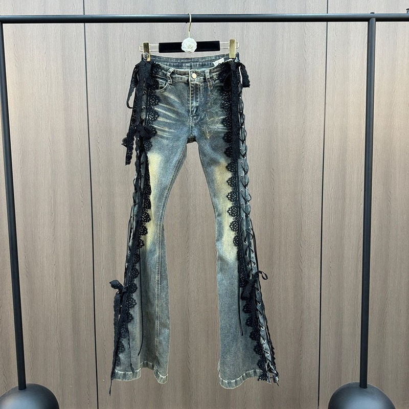 Lace Up Flare Jeans Retro Stit - Women Shoes Jeans review and price