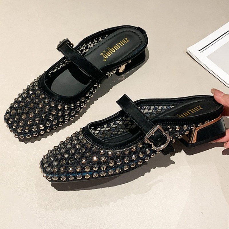 Mesh Rhinestone Chunky Heel Mu - Mule Slip On review and price