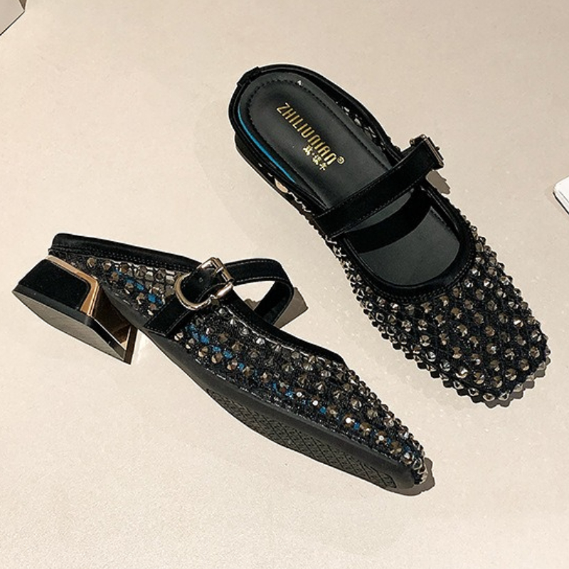 Mesh Rhinestone Chunky Heel Mu - Mule Slip On review and price